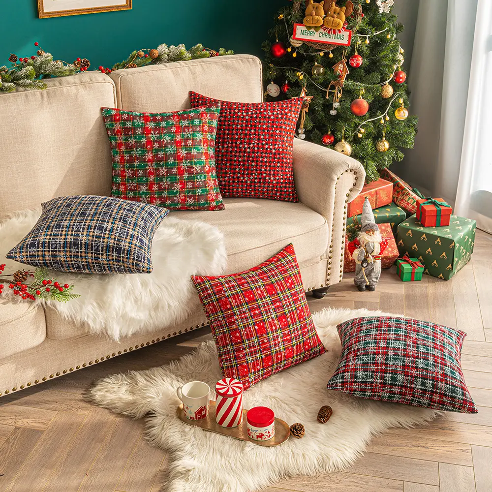Christmas 18x18 20x20 Throw Pillow Covers, Decorative Outdoor Farmhouse Buffalo Plaid Plad Pillow Shams Cases Slipcovers Cover