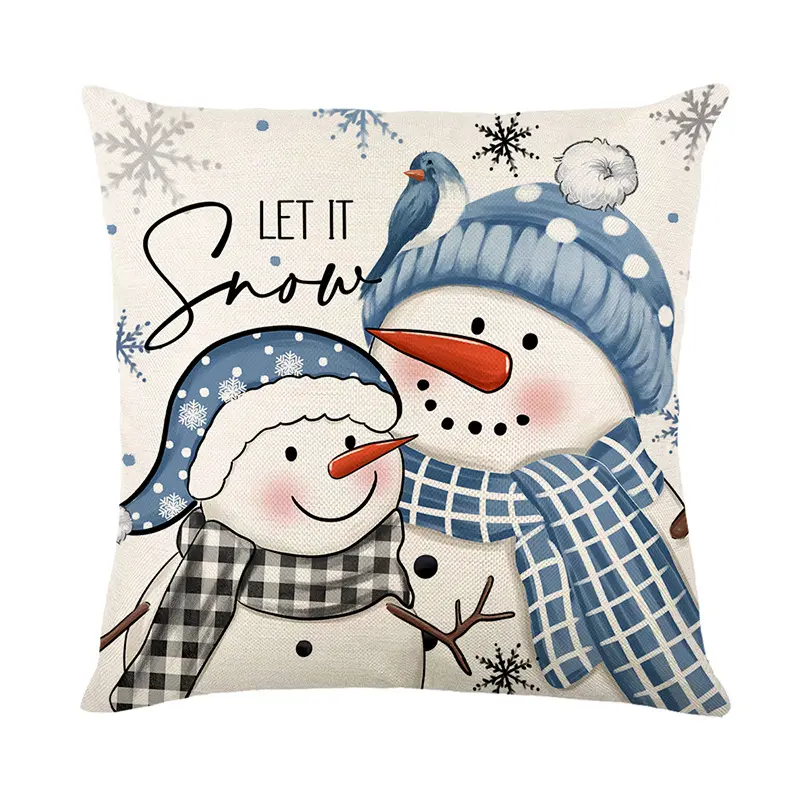 Blue Christmas pillow case linen plaid printed snowman decorative sofa pillow case cross-border home