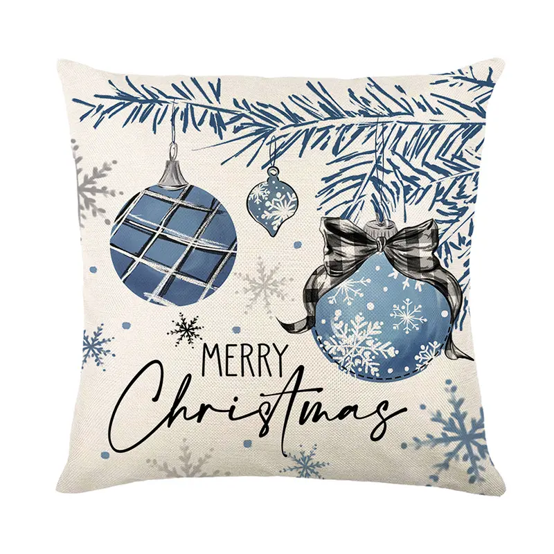 Blue Christmas pillow case linen plaid printed snowman decorative sofa pillow case cross-border home