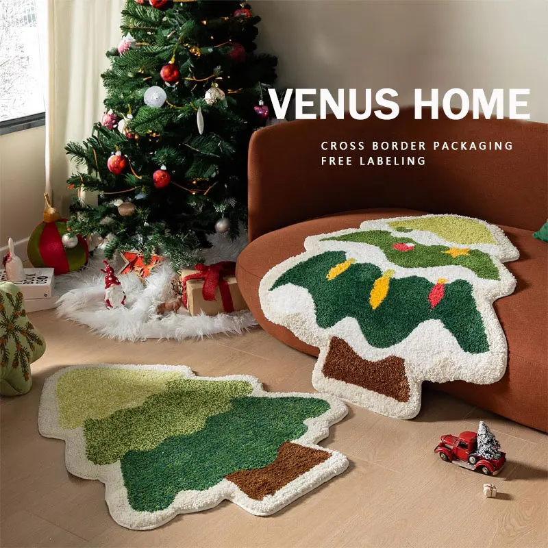 Christmas Tree Bathroom Rugs for Living Room Green Rug Absorbent Washable Bath Mat Shower Non-Slip Soft Thick Durable Bathtub