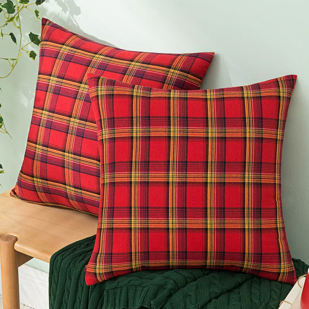 Xmas Red Tartan Plaid Throw Pillow Covers 18x18 Inch Decorative Scottish Farmhouse Retro Classic Square Cushion Cases for Decor