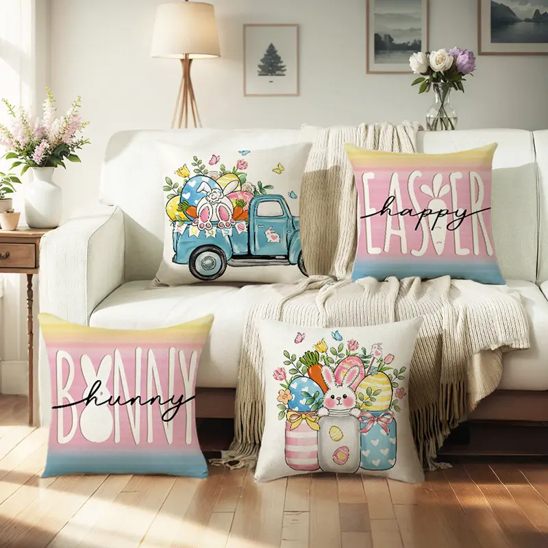 Easter Pillow Covers 18x18 Decorative Easter Pillow Covers Bunny Eggs Spring Decorations for Living Room Sofa Couch Bed Buffalo