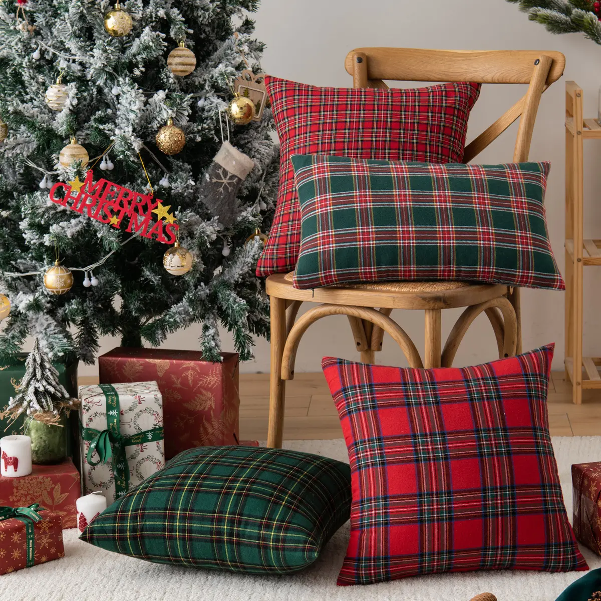 Xmas Red Tartan Plaid Throw Pillow Covers 18x18 Inch Decorative Scottish Farmhouse Retro Classic Square Cushion Cases for Decor
