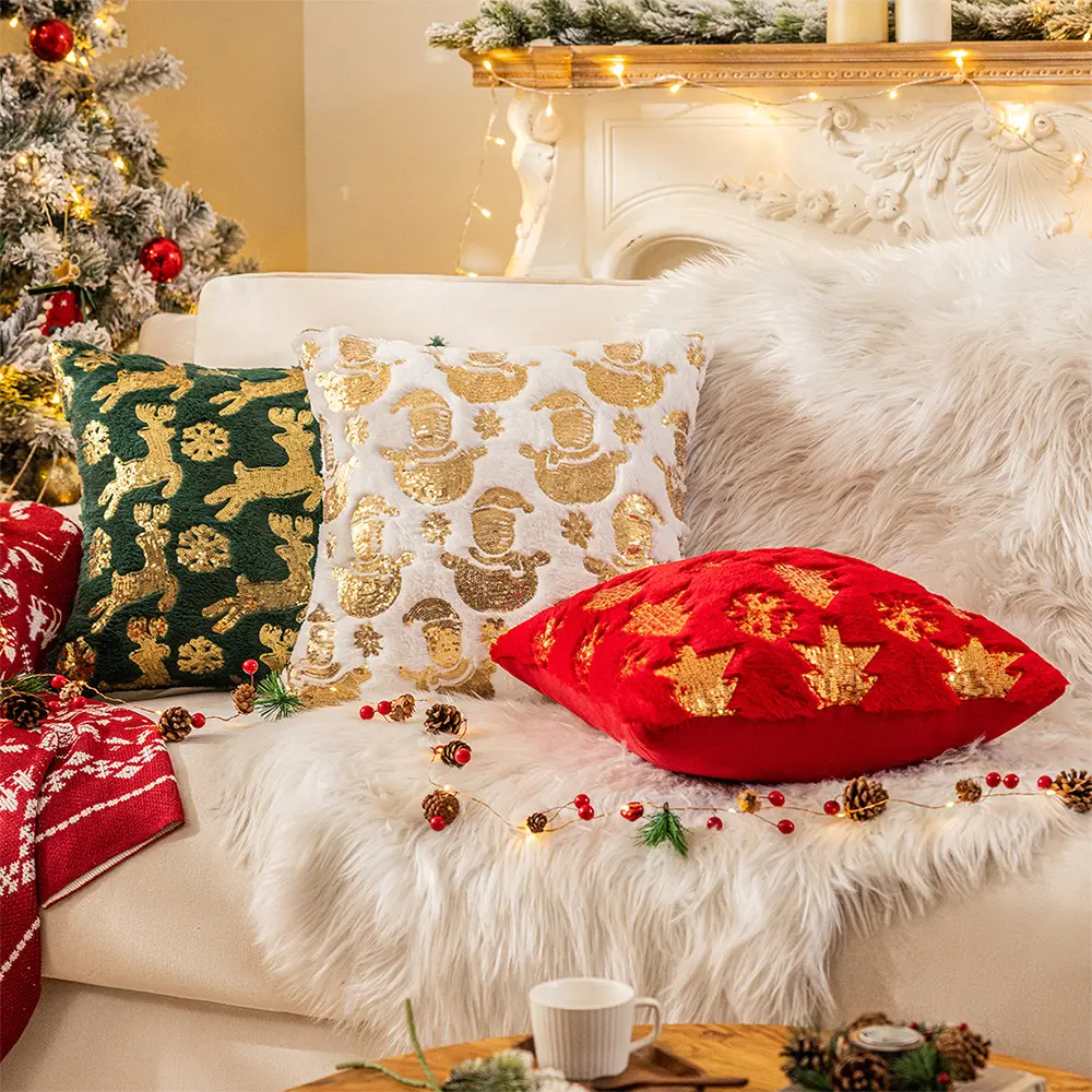 ELk Christmas Tree Decor Pillow Covers Sequin Christmas Green Pillow Covers 18x18 inches Fluffy Xmas Decoration Pillowcases