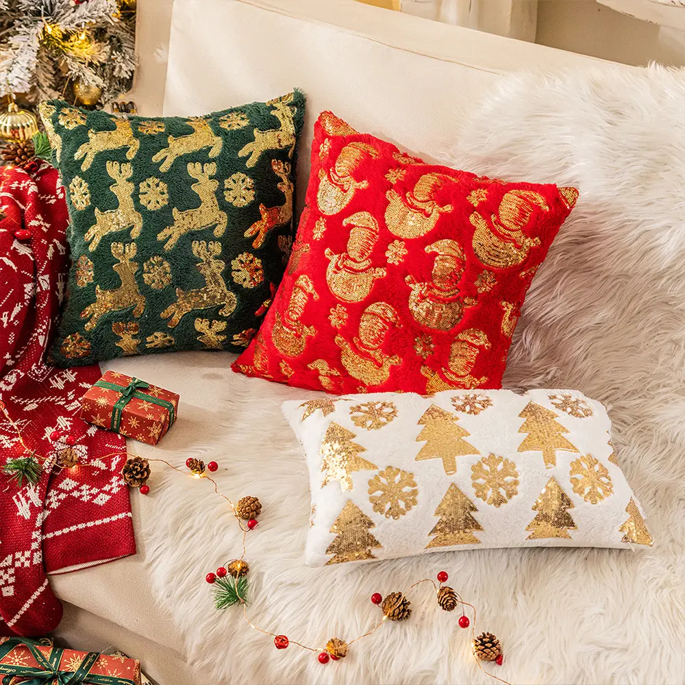 ELk Christmas Tree Decor Pillow Covers Sequin Christmas Green Pillow Covers 18x18 inches Fluffy Xmas Decoration Pillowcases