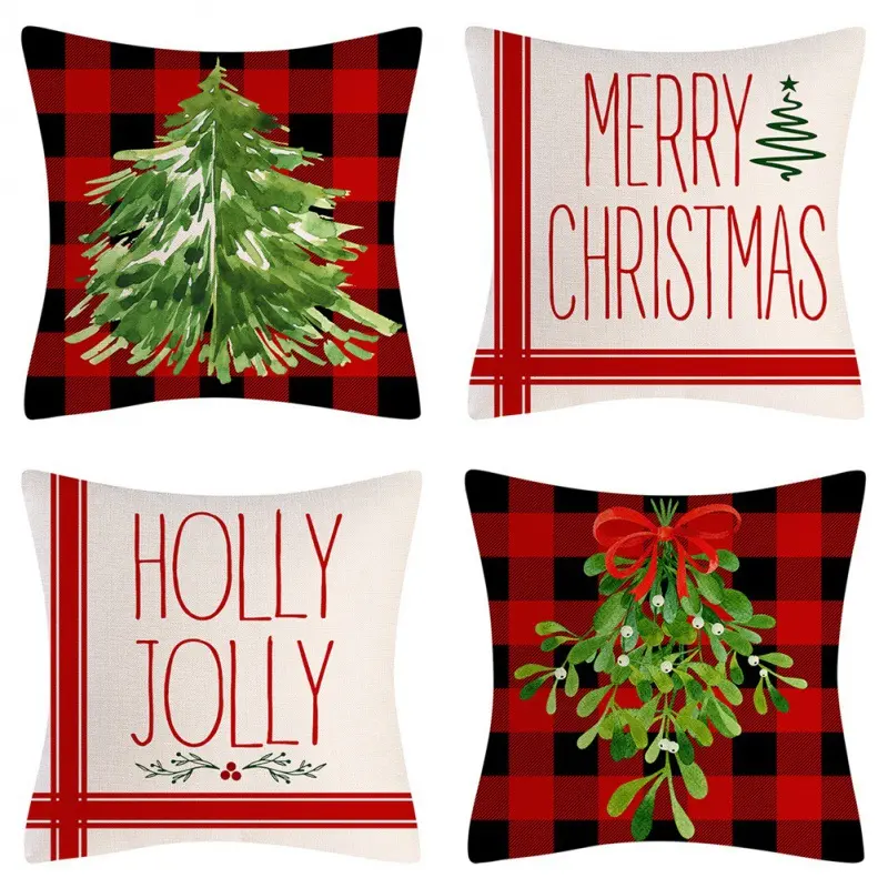 Set of 4 Christmas Pillow Covers 18×18 Inch Christmas Throw Pillow Case Red Cushion Cover Pattern of Christmas