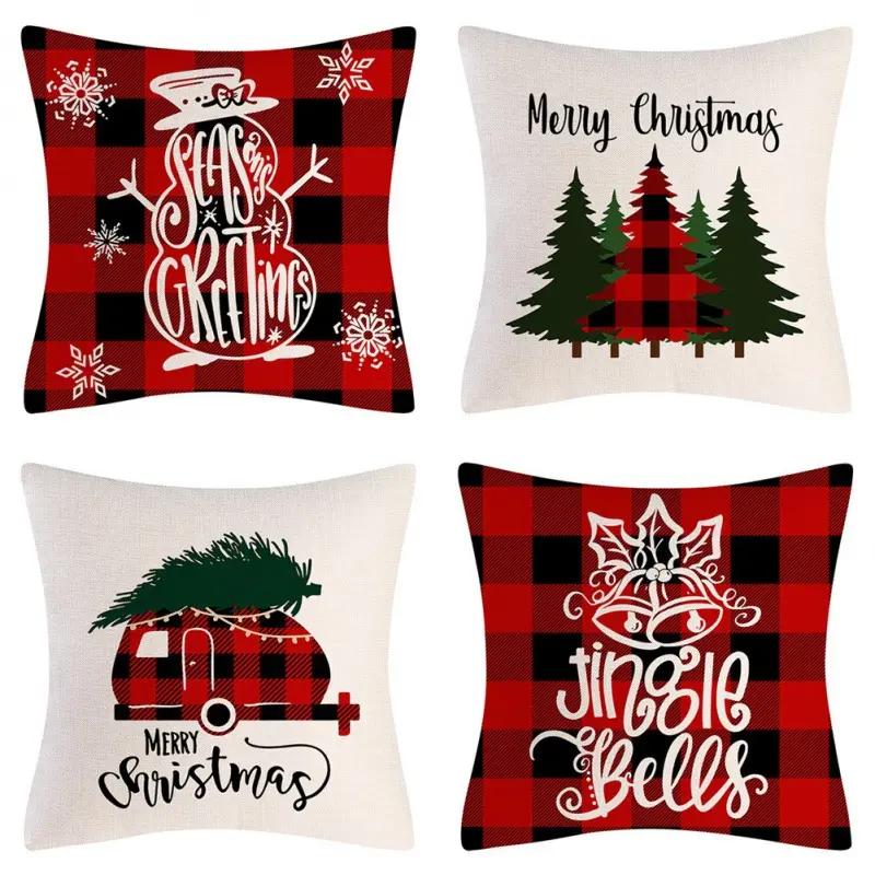Set of 4 Christmas Pillow Covers 18×18 Inch Christmas Throw Pillow Case Red Cushion Cover Pattern of Christmas