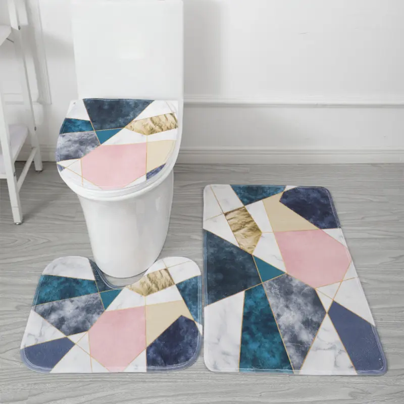Modern Blue Marble Bathroom Mat Soft Quick Dry Bath Mat Anti Slip Toilet Lid Cover and Contour Mats 3 Pack Bathroom Shower Room