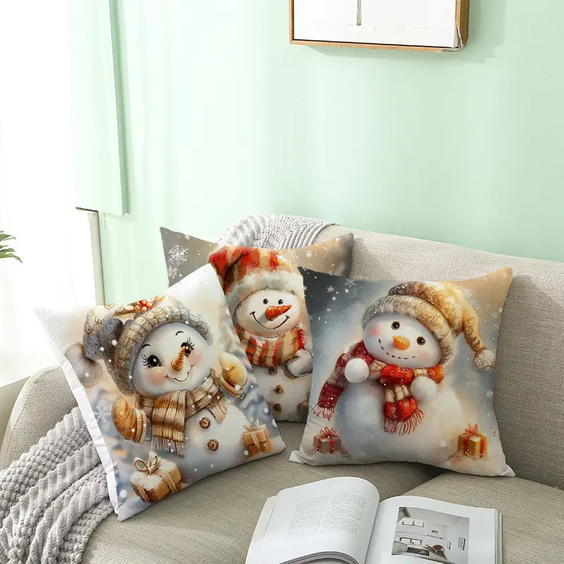 Winter Snowman Pillow Covers 18x18 Christmas Snowflake Bauble Pillow Case Square Velvet Throw