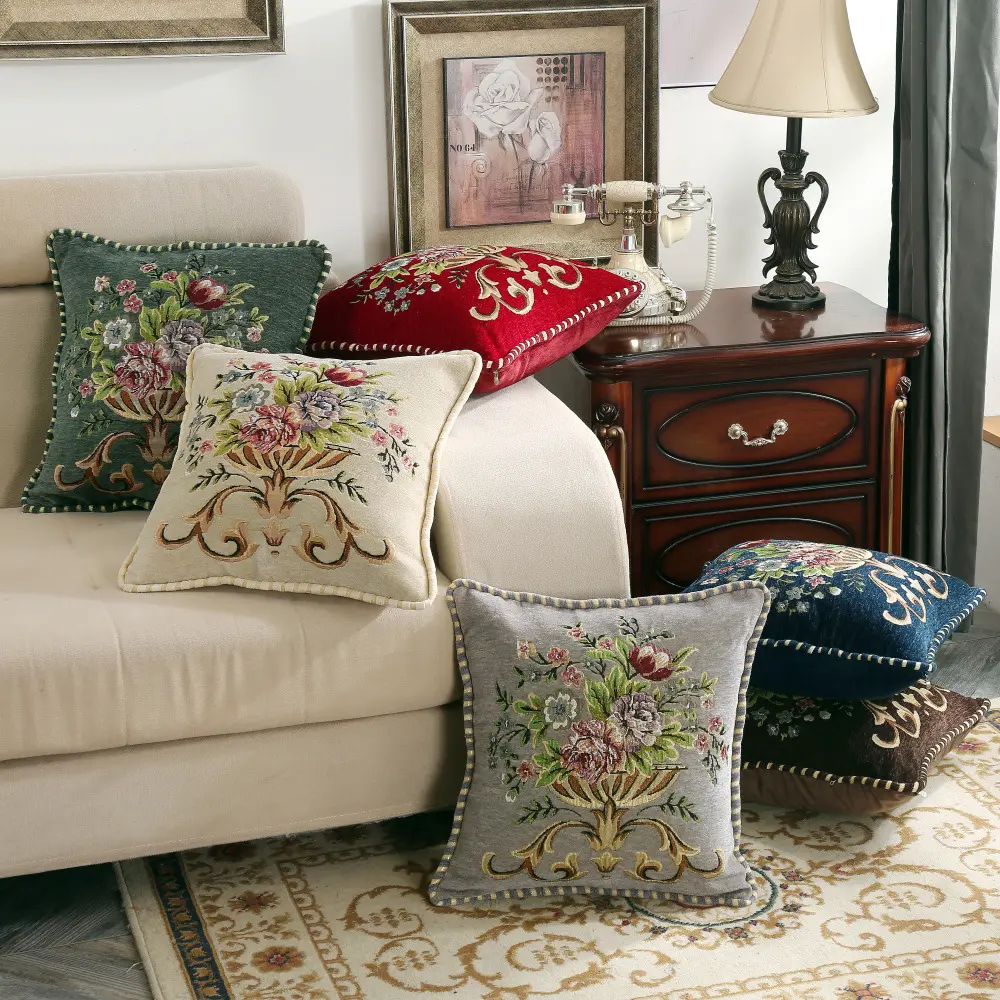 Beige Pillow Cases Jacquard Retro Embroidery Pillow cover, Sofa Decorative Cushion Cover Size 18.8x18.8inches