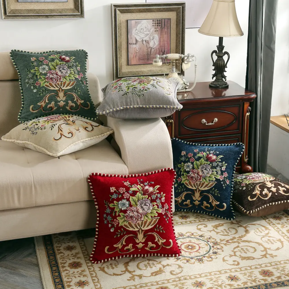 Beige Pillow Cases Jacquard Retro Embroidery Pillow cover, Sofa Decorative Cushion Cover Size 18.8x18.8inches
