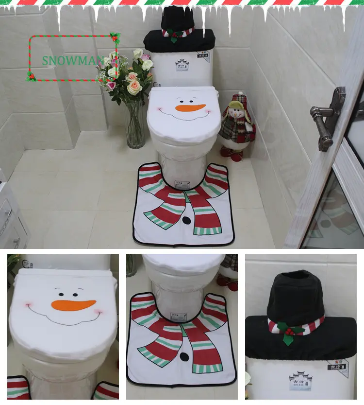 3 Pcs Christmas Toilet Seat Cover Set, Black Santa Theme Xmas Bathroom Decoration Set with Toilet Seat Cover, Non Slip Bathroom