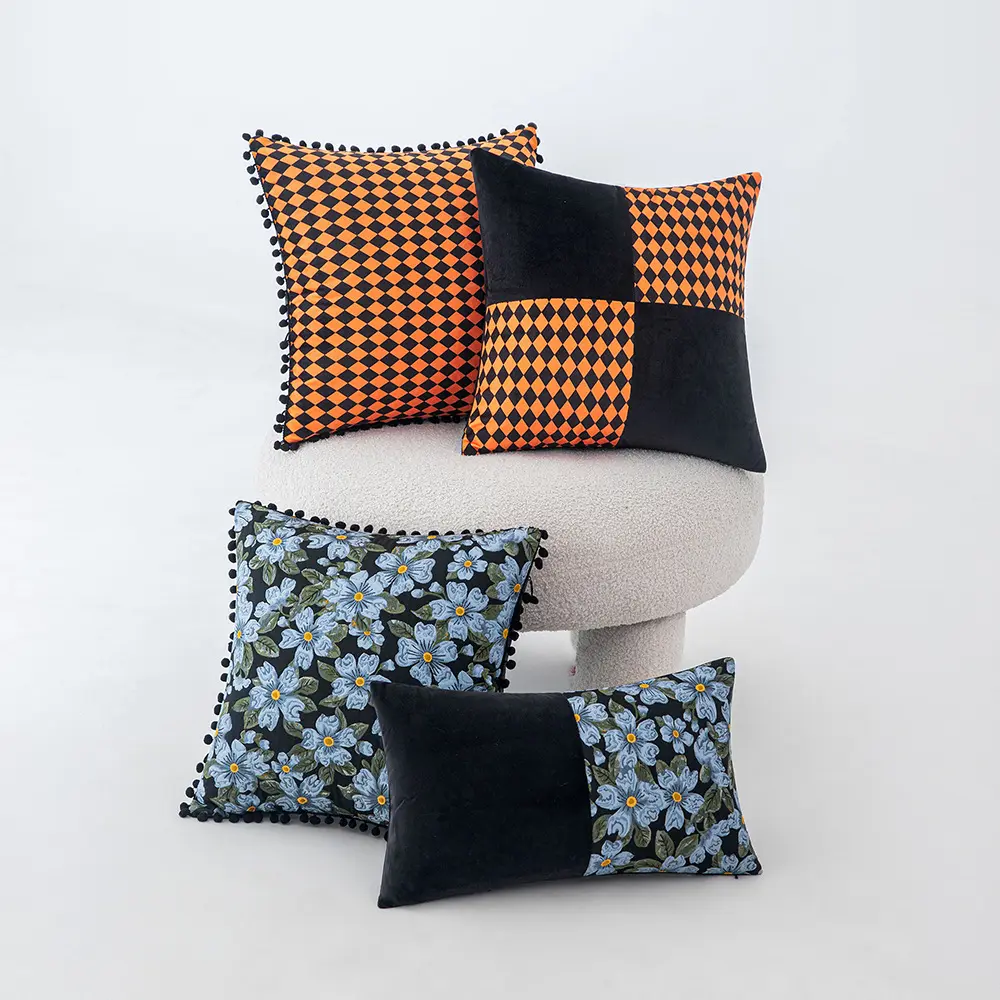 pillow cover Blue flower four palace grid Blue flower hair ball Yellow four palace arid Blue flower splicing Yellow hair