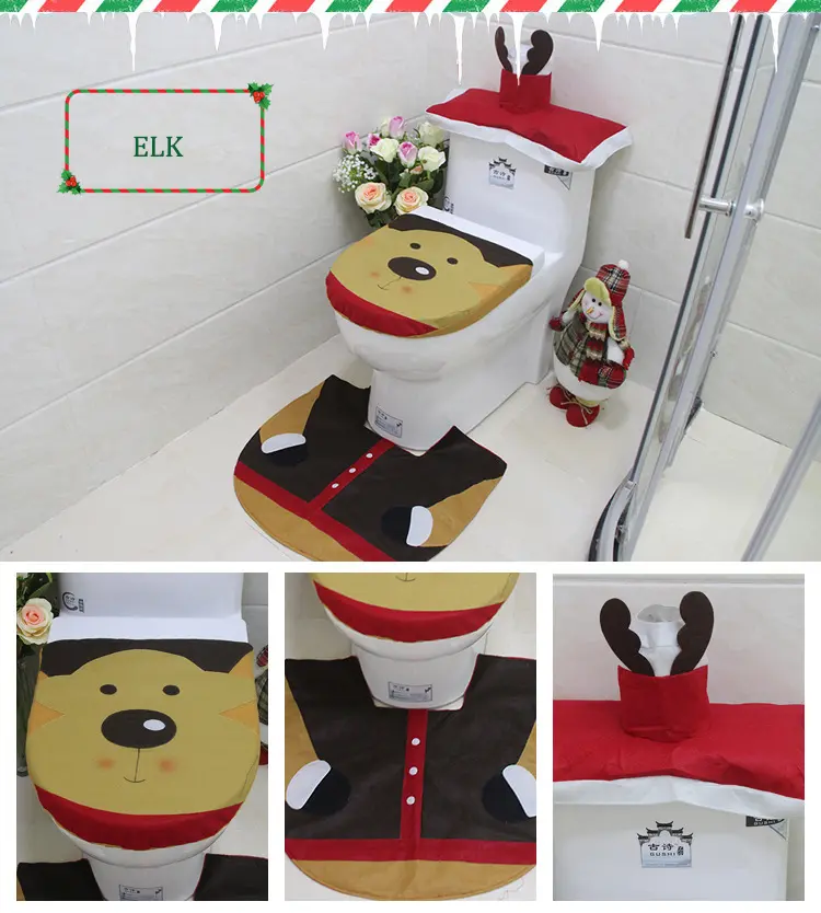 3 Pcs Christmas Toilet Seat Cover Set, Black Santa Theme Xmas Bathroom Decoration Set with Toilet Seat Cover, Non Slip Bathroom