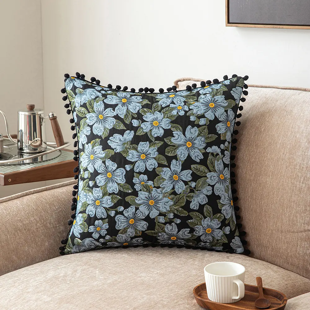 pillow cover Blue flower four palace grid Blue flower hair ball Yellow four palace arid Blue flower splicing Yellow hair