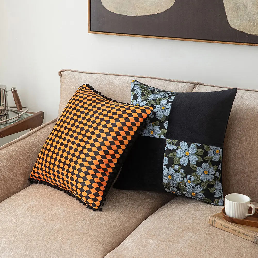 pillow cover Blue flower four palace grid Blue flower hair ball Yellow four palace arid Blue flower splicing Yellow hair