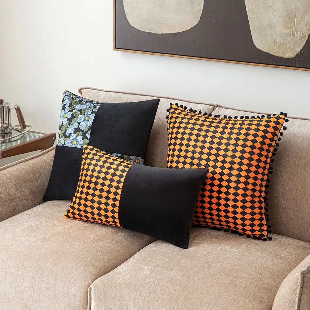 pillow cover Blue flower four palace grid Blue flower hair ball Yellow four palace arid Blue flower splicing Yellow hair