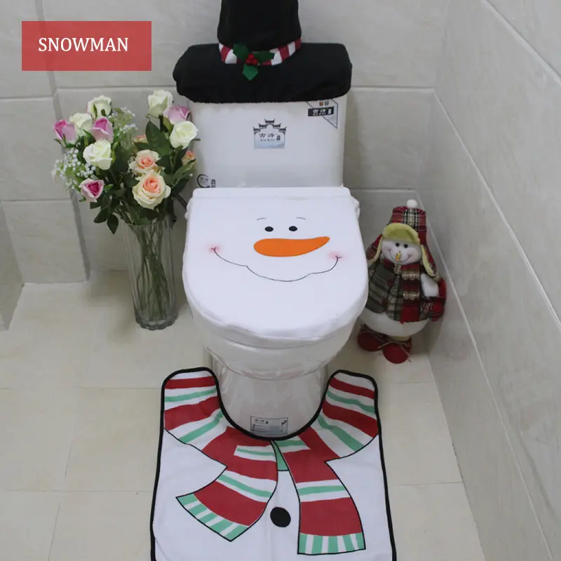Christmas Snowman Bathroom Decor Set with Toilet Seat Cover Rugs Tank Cover Toilet Paper Box Cover Xmas Party Accessories for In