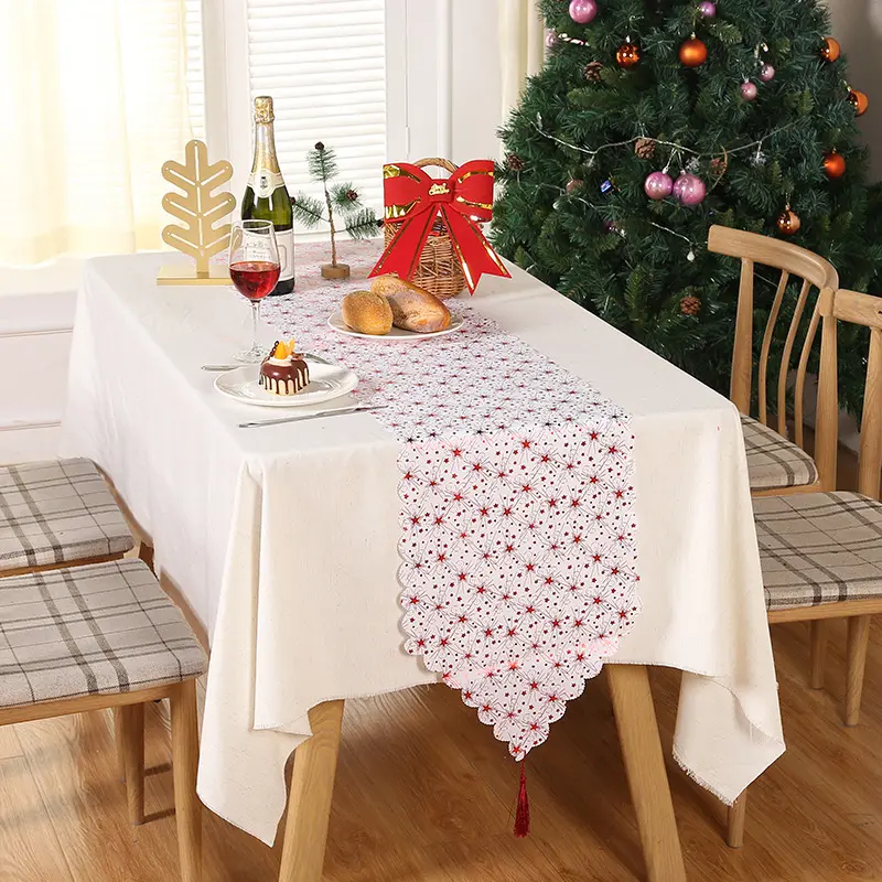 Christmas snowflakes, leaves, table runner, red printed stars, Christmas tablecloth, Christmas table decorations