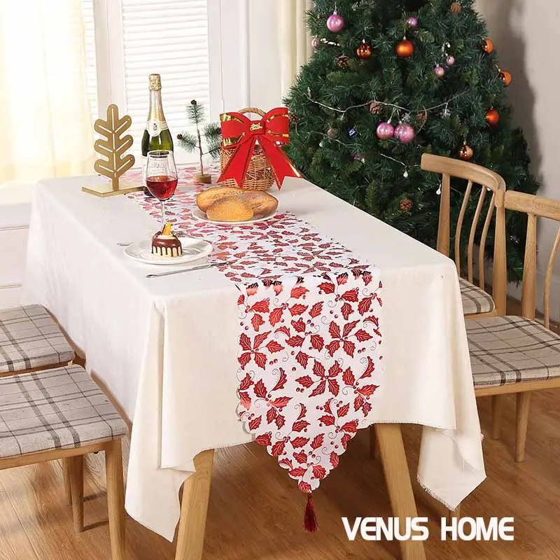 Christmas snowflakes, leaves, table runner, red printed stars, Christmas tablecloth, Christmas table decorations