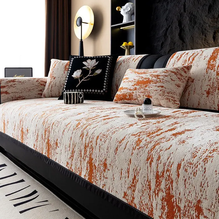 High-end luxury black and white chenille four seasons universal sofa cushion cover cushion dust-proof sliding cover towel cat