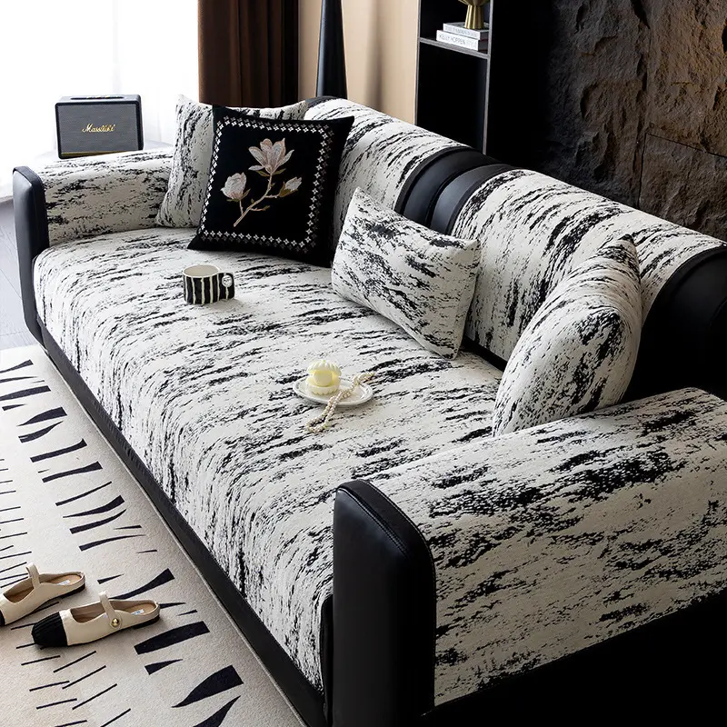 High-end luxury black and white chenille four seasons universal sofa cushion cover cushion dust-proof sliding cover towel cat