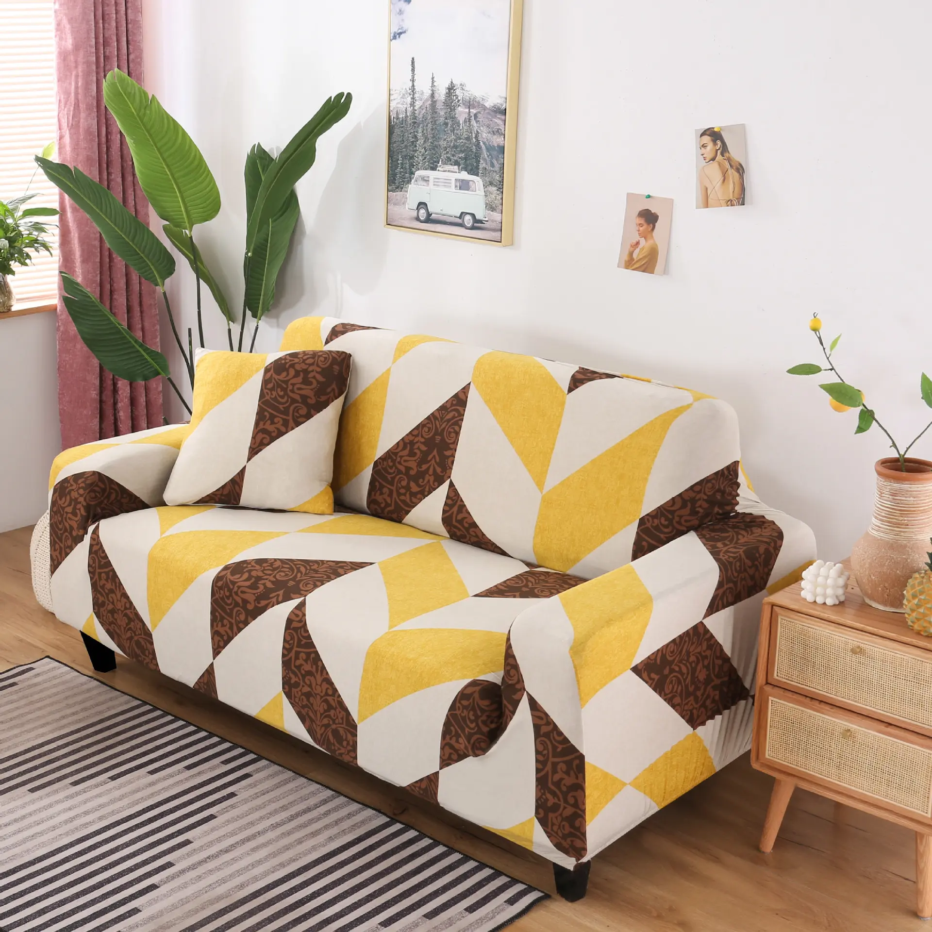 L shape Geometric Printed Washable Sofa Cover Stretch Couch Covers Sofa Slipcovers for 2 Cushion Couch and Loveseat