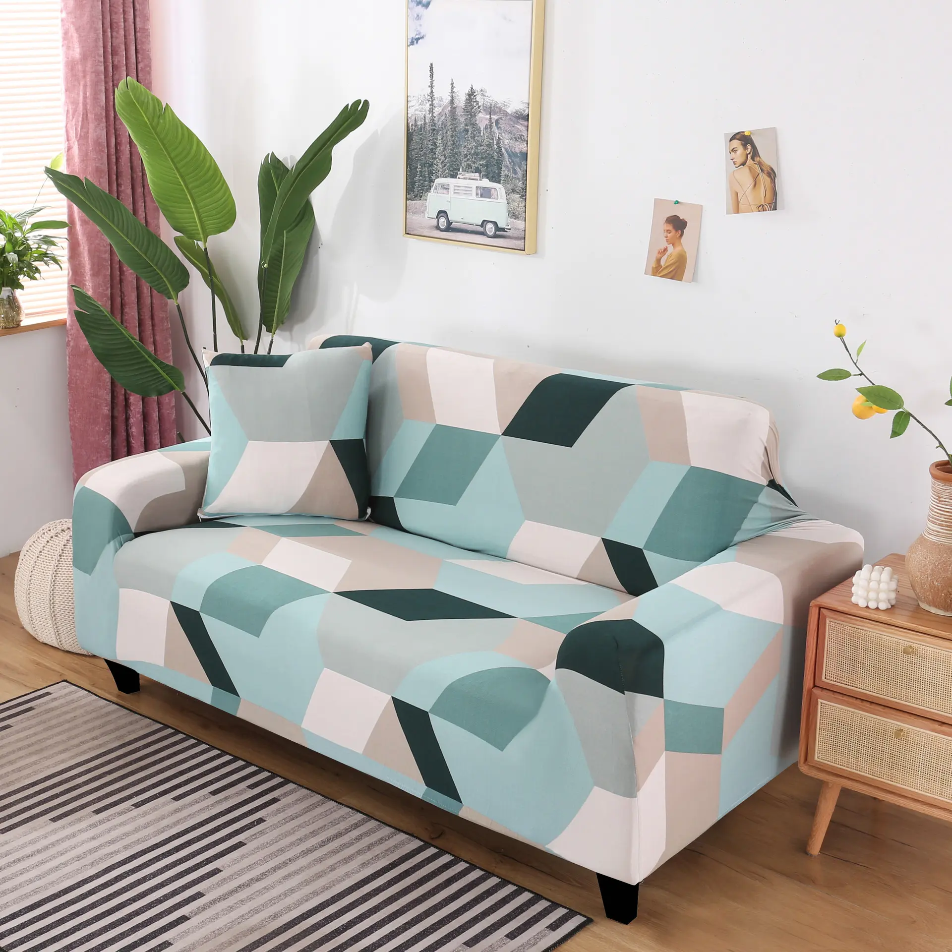 L shape Geometric Printed Washable Sofa Cover Stretch Couch Covers Sofa Slipcovers for 2 Cushion Couch and Loveseat