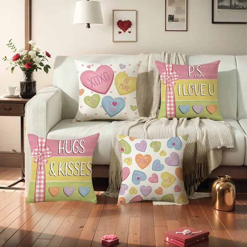 Happy Valentines Day Pillow Covers 18x18 Pink Love Heart Kisses Hugs Throw Pillow Covers Velvet Wedding Anniversary Cushion Cove