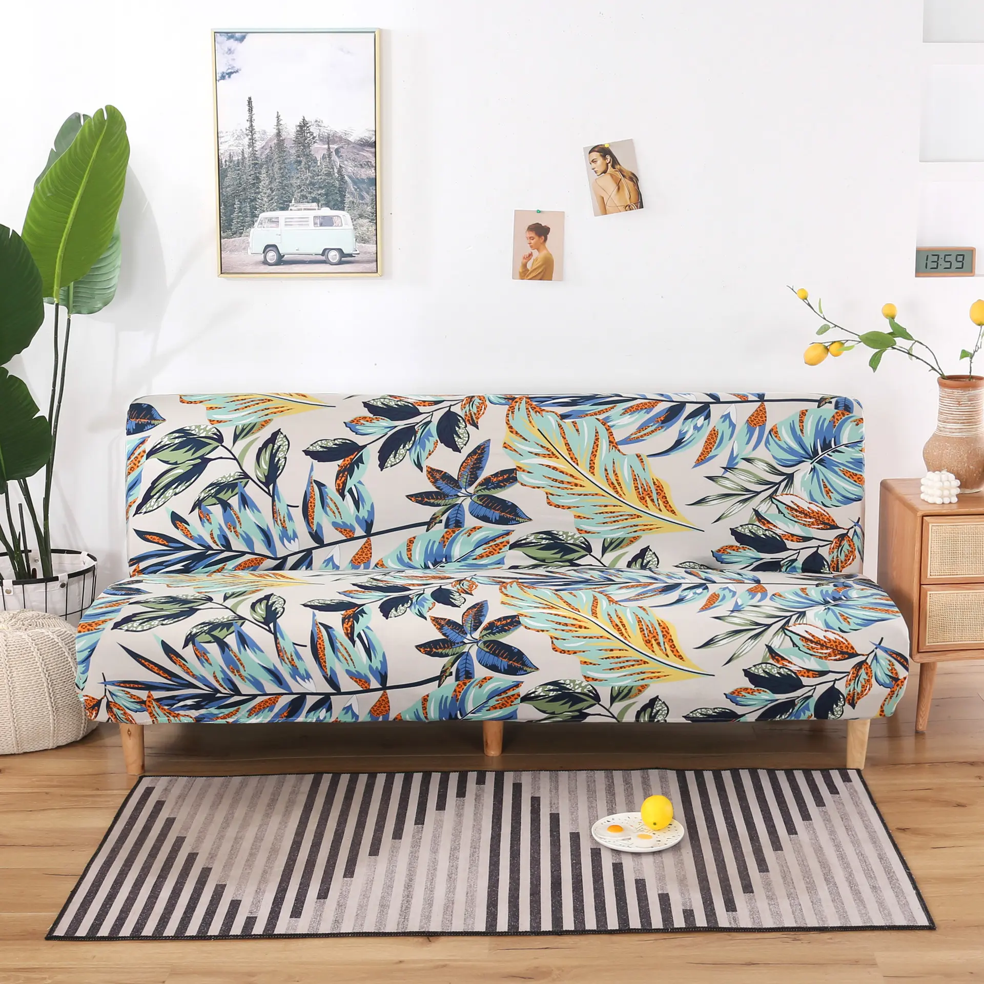 Bohemian style printed sofa cover with cushion, high elasticity sofa cover, elastic bottom floral pattern