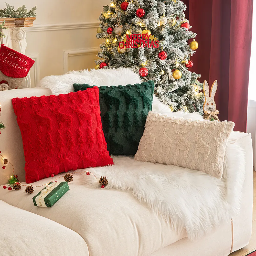 Christmas plush pillow cover snowflake Christmas tree elk embroidered hair living room sofa cushion sent decorative pillows