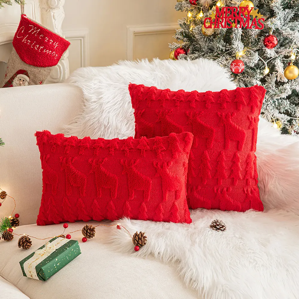 Christmas plush pillow cover snowflake Christmas tree elk embroidered hair living room sofa cushion sent decorative pillows