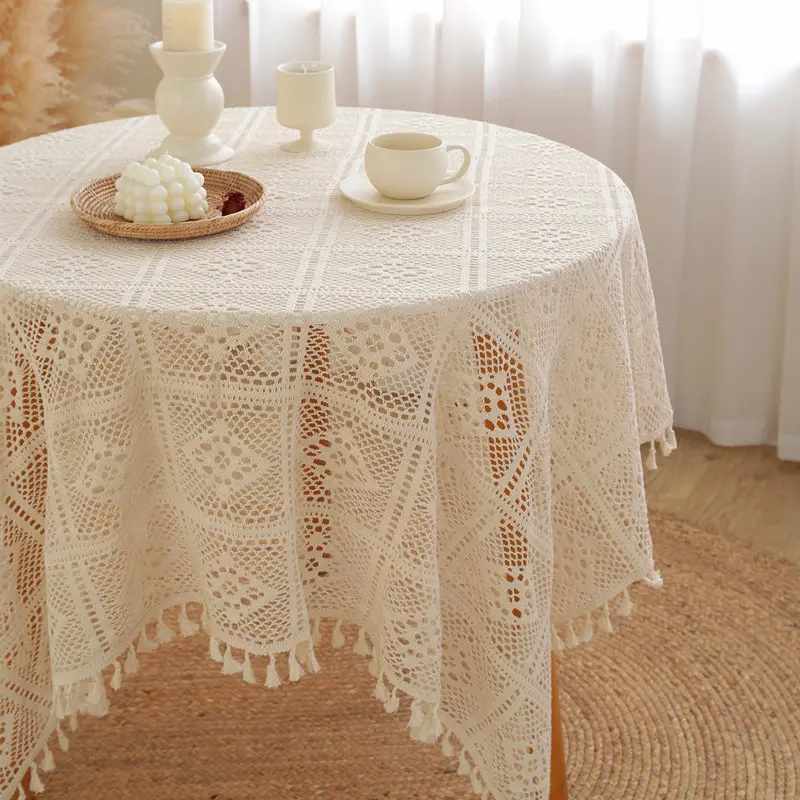 55inch Lace Tablecloth Floral Embroidered Decor Macrame Round TableCloth for Spring Summer Holiday OutdoorKitchen Dinner Country