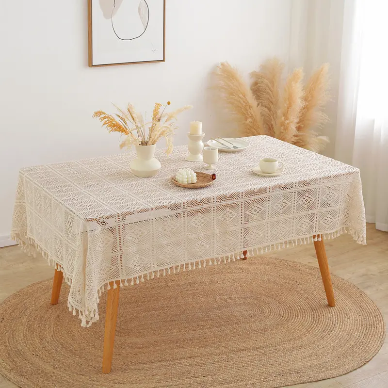 55inch Lace Tablecloth Floral Embroidered Decor Macrame Round TableCloth for Spring Summer Holiday OutdoorKitchen Dinner Country