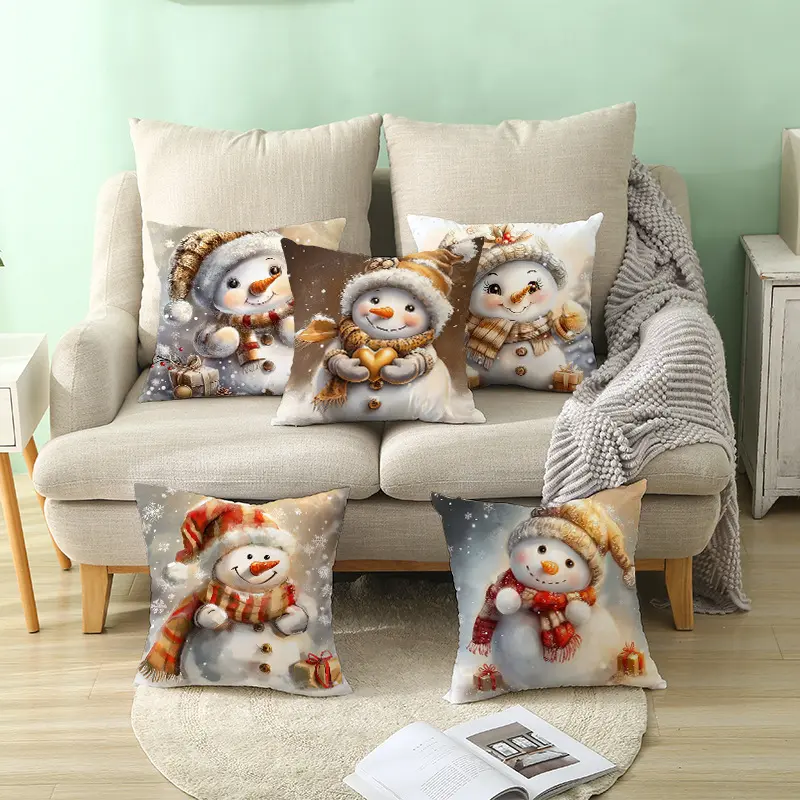Merry Christmas Pillow Covers 18x18  Velvet  PillowCases Xmas Winter Holiday Throw Snowman Cushion Covers for Outdoor Home Bed S
