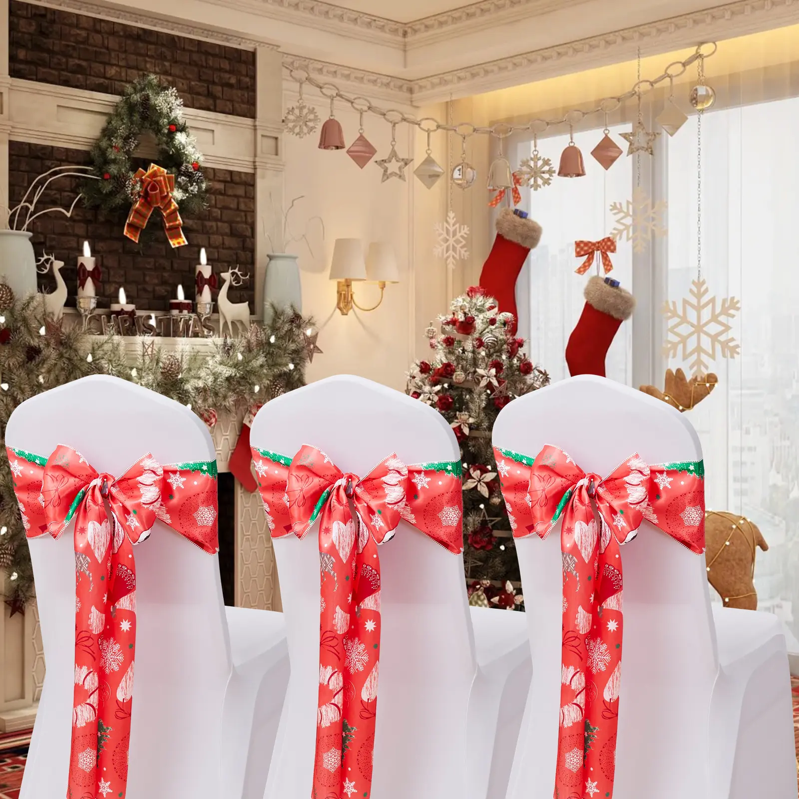 HOT Satin Chair Sashes Ties Upgraded 50 pcs Chair Ribbons Bows for Wedding Banquet Party Christmas Events Decoration (red)