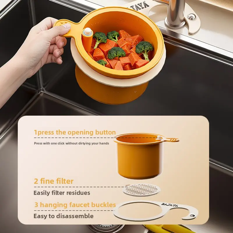 Hanging Sink Colander Quick Install/Remove Easy Clean Kitchen Drain Basket The Filter Screen Drains Water Without Dirtying Hands