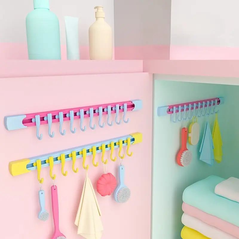 New Dopamine Sliding Hooks - Colorful No-Drill Cabinet Organizer | Multi-Position Hanging Rail for Kitchen Door Storage
