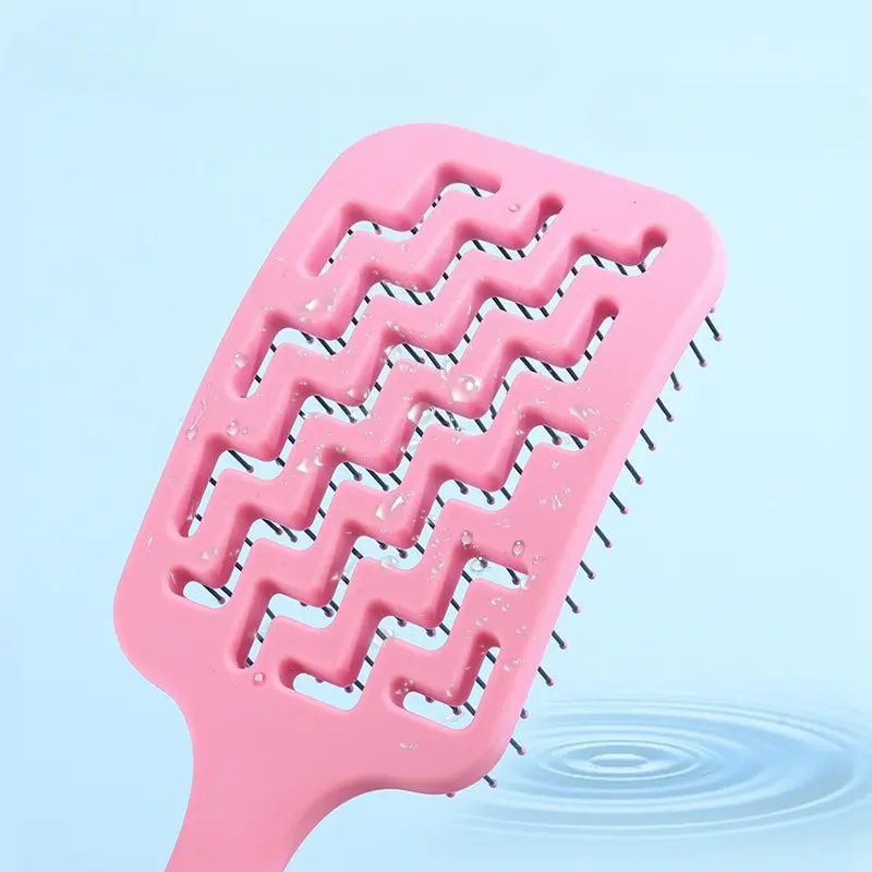 New Big Curved Comb with Fluffy High Skull Top Pink & Black Hair Detangler Brush, Hollow Design Hairbrush for Smooth Styling