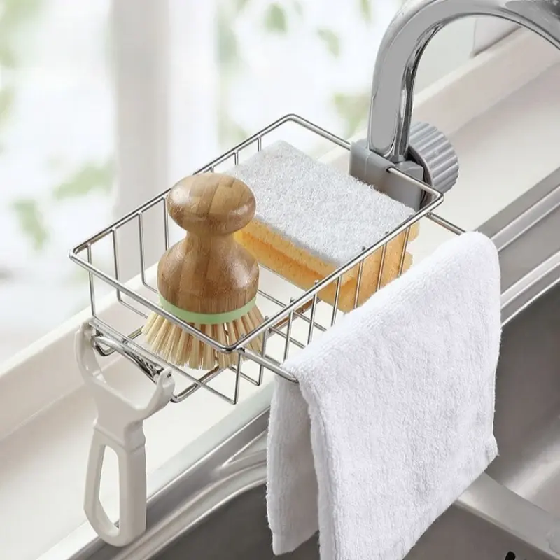 Shower Bracket Faucet Storage Rack Stainless Steel Kitchen Sink  Household Sponge Cloth Dishwashing and Draining Rack Hanging