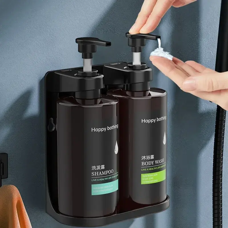 New No Drill Wall - Mounted Shampoo & Shower Gel Dispenser Set Hand Sanitizer Box Chamber Design for Bathroom Organization