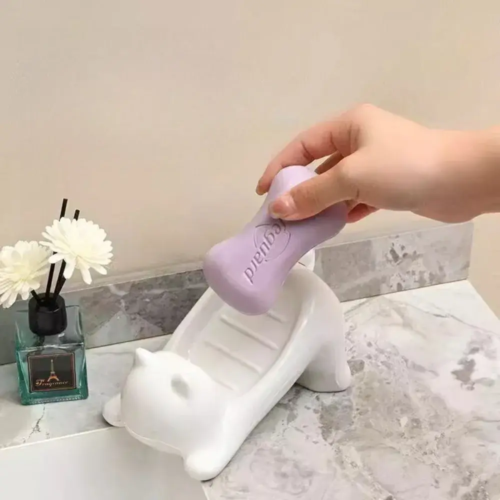 New Cute Cat Soap Holder -Bathroom Drain Soap Dish with Drain Smooth Toilet Tray for Exquisite Washroom Decor Corner Rack