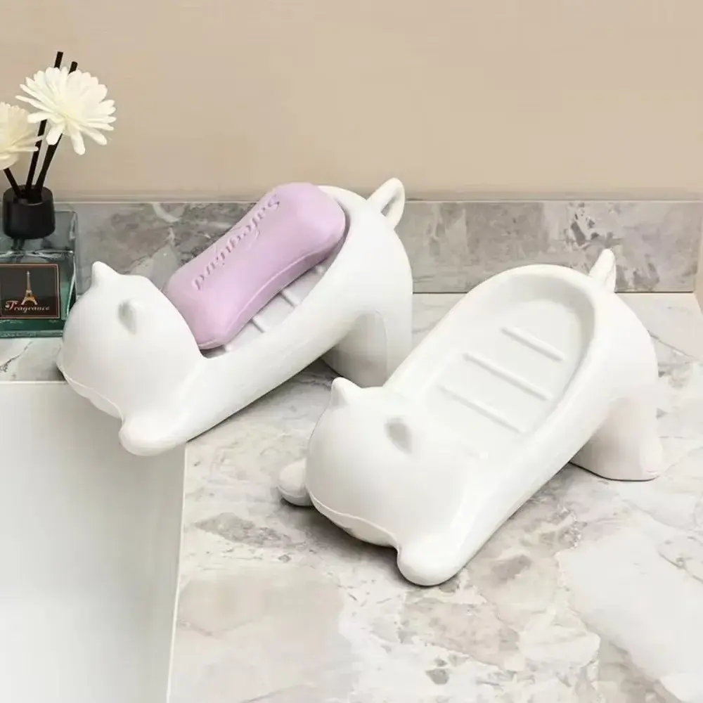 New Cute Cat Soap Holder -Bathroom Drain Soap Dish with Drain Smooth Toilet Tray for Exquisite Washroom Decor Corner Rack