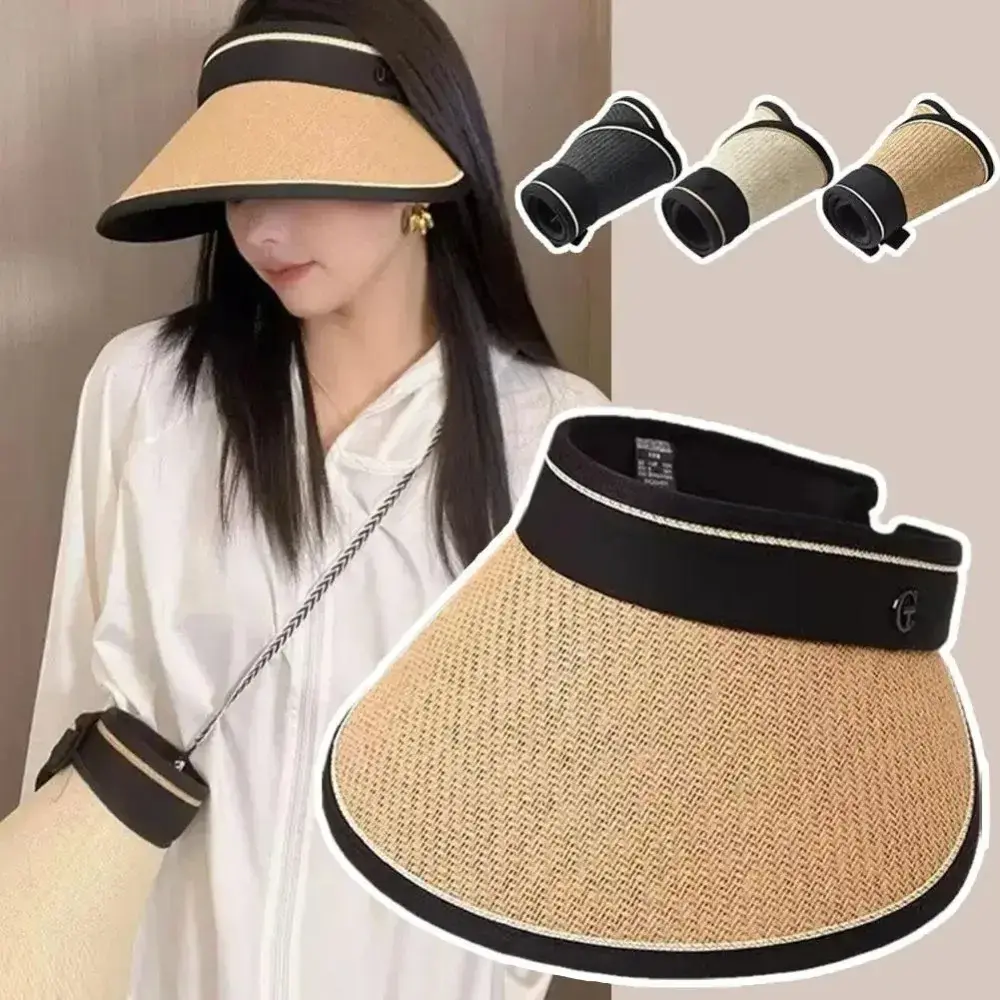 Foldable Beach Travel Cycling Straw Sun Hat Wide Brim for Women Outdoor UV Protection Boho Packable Summer Hat  Cycling Cap
