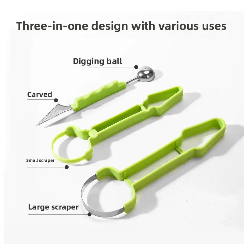 New 3-in-1 Fruit Ball Digger Core Picking Device Watermelon Ball Digging Spoon Fruit Meat Picking Tool Carving Knife