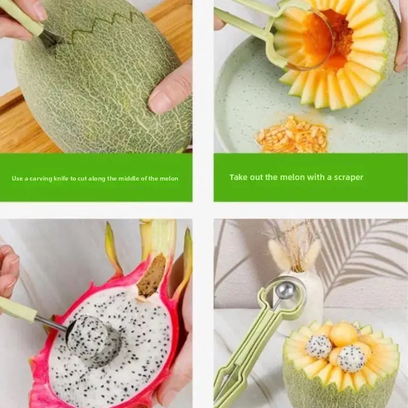 New 3-in-1 Fruit Ball Digger Core Picking Device Watermelon Ball Digging Spoon Fruit Meat Picking Tool Carving Knife