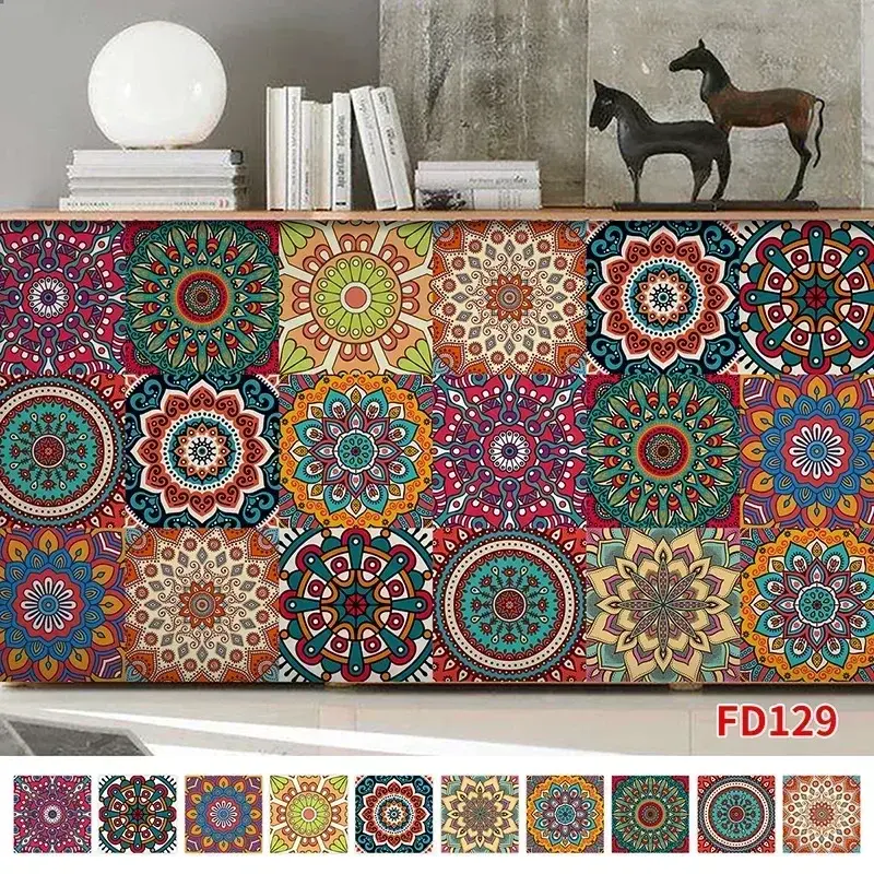 Home 10pcs/set Mandala Style Crystal Hard Tiles Ceramics Wall Sticker Kitchen Wardrobe Decor Art Mural & Stick Wall Decals