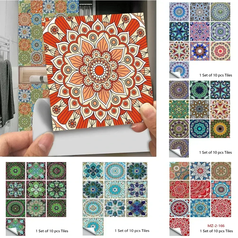 Home 10pcs/set Mandala Style Crystal Hard Tiles Ceramics Wall Sticker Kitchen Wardrobe Decor Art Mural & Stick Wall Decals