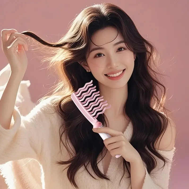 1PC Double Row Wavy Tooth Curling Comb Handle Scalp Massage Fluffy Set for Styling - Pink & Blue Portable Hairdressing Tools