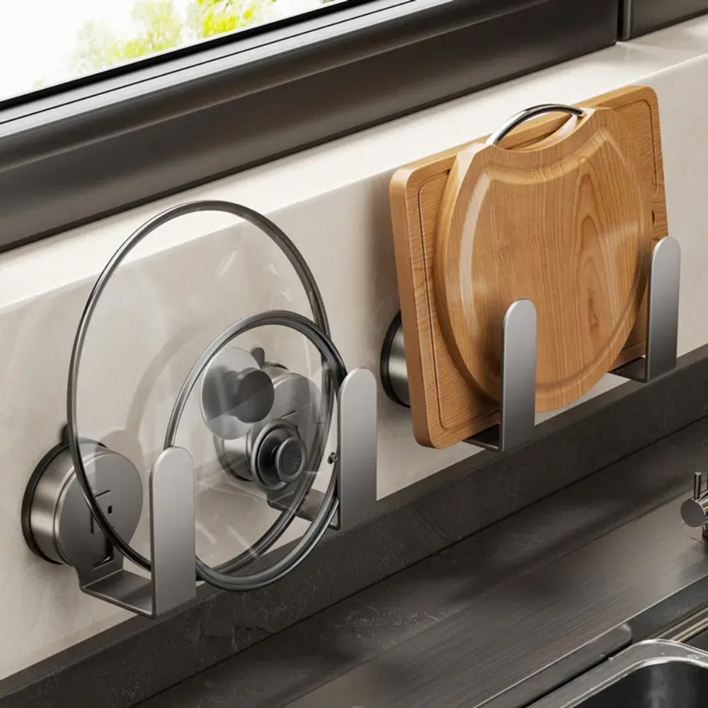 New 1 Pair Suction Cup Pot Bathroom Shelf Wall Mounted Non Perforated Kitchen Shelf Cutting Board Vegetable Board Storage Shelf